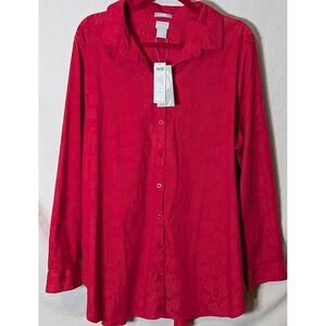 Chico's Women's Size 4 Red Floral Jacquard Button Front Blouse Chic Stretch NWT